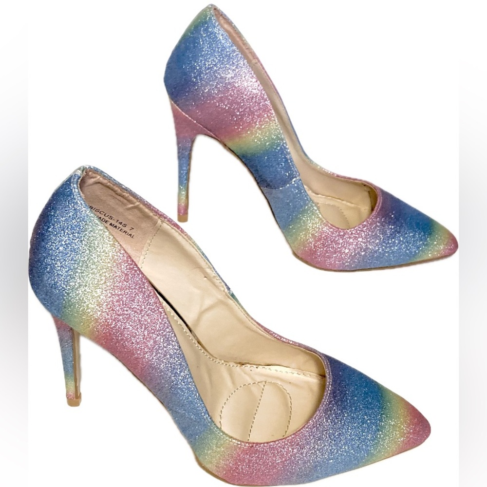 Anne Michelle Glitter Pumps Rainbow Heels Pointed Toe HIBISCUS Stilletos sz 7